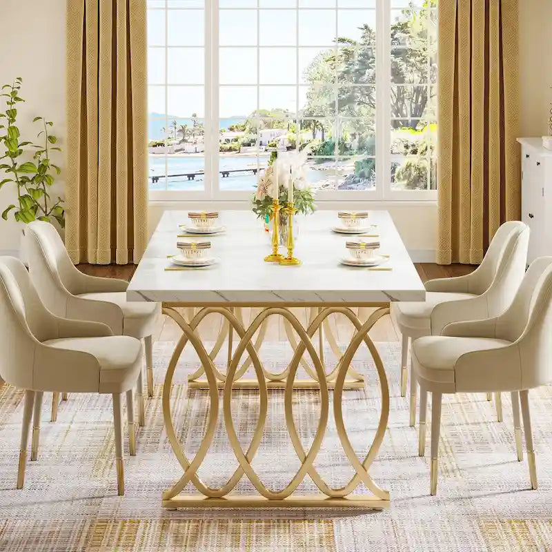 Modern Dining Table for 4-6 People, 63 Large Kitchen Table with Faux Marble Tabletop