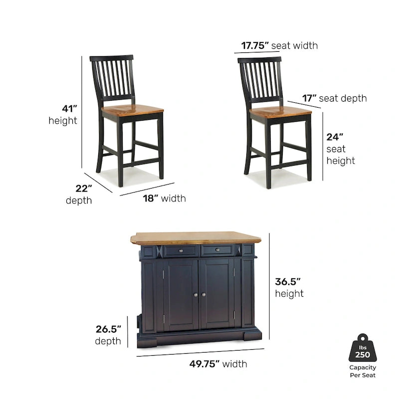 Distressed Oak 3-Piece Kitchen Island and Barstools Kitchen Set by Homestyles