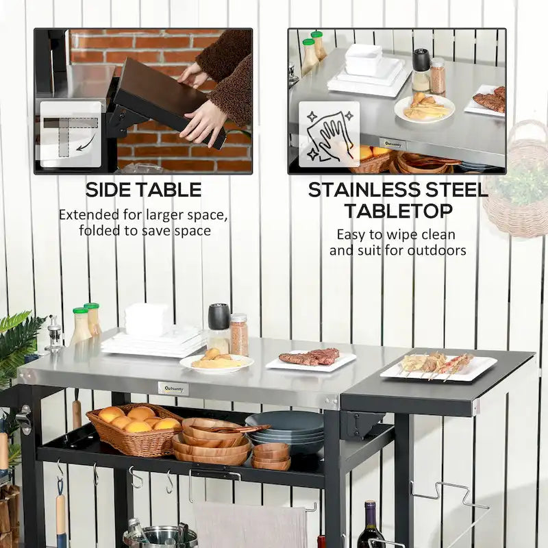 Outsunny Three-Shelf Outdoor Grill Cart with Foldable Side Table, 46 x 21.75 Multifunctional Stainless Steel Pizza Oven Stand