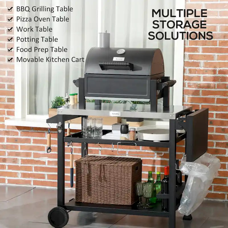 Outsunny Three-Shelf Outdoor Grill Cart with Foldable Side Table, 46 x 21.75 Multifunctional Stainless Steel Pizza Oven Stand