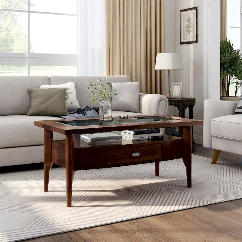 Genoas Traditional Walnut 44-inch 1-Drawer Glass Coffee Table by 