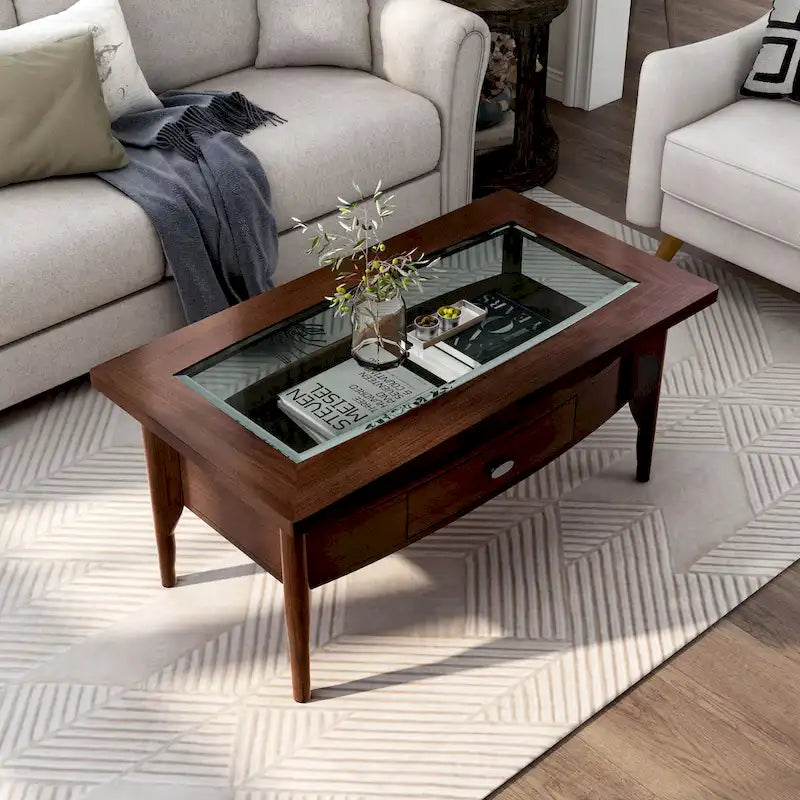 Genoas Traditional Walnut 44-inch 1-Drawer Glass Coffee Table by