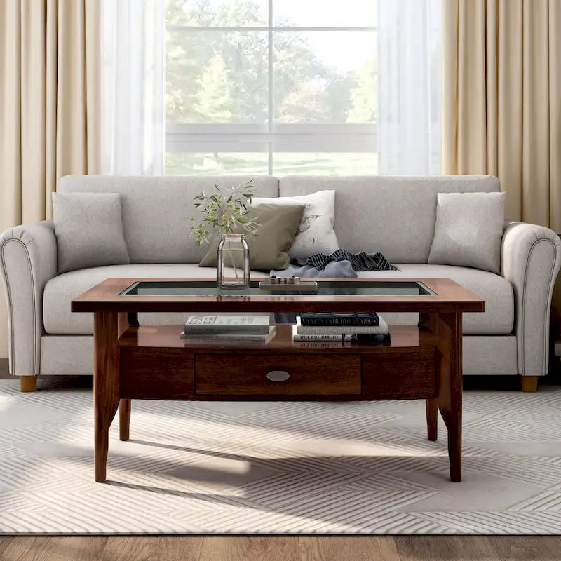 Genoas Traditional Walnut 44-inch 1-Drawer Glass Coffee Table by