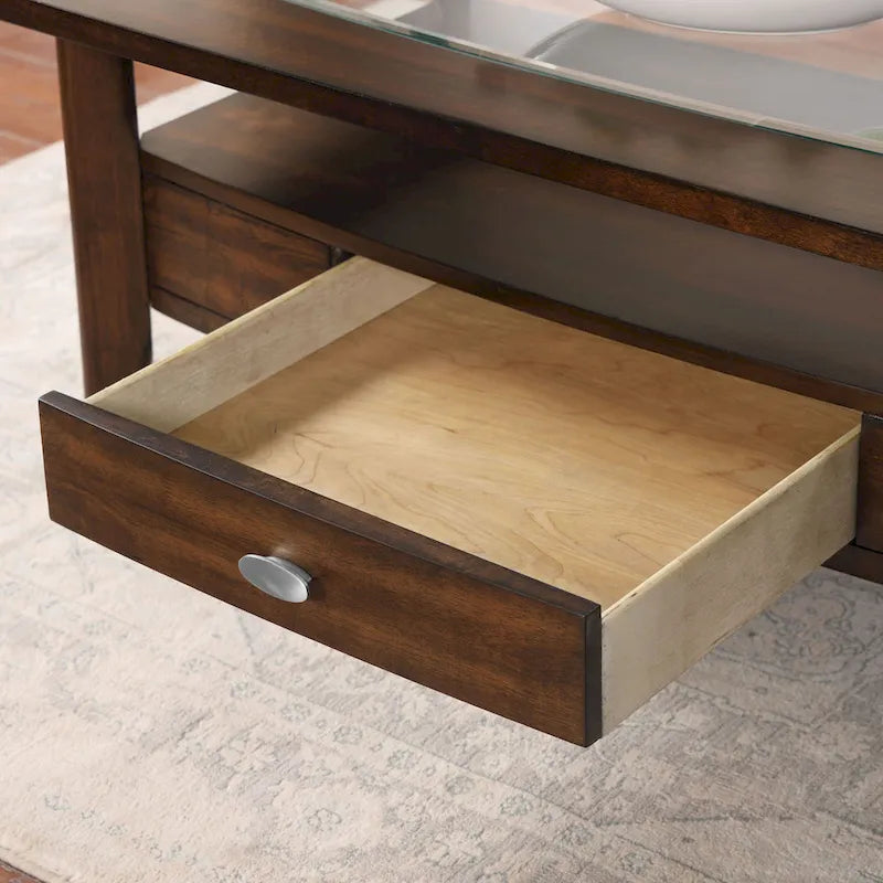 Genoas Traditional Walnut 44-inch 1-Drawer Glass Coffee Table by