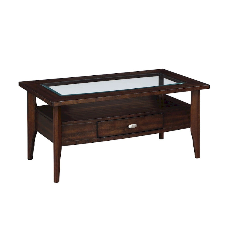 Genoas Traditional Walnut 44-inch 1-Drawer Glass Coffee Table by