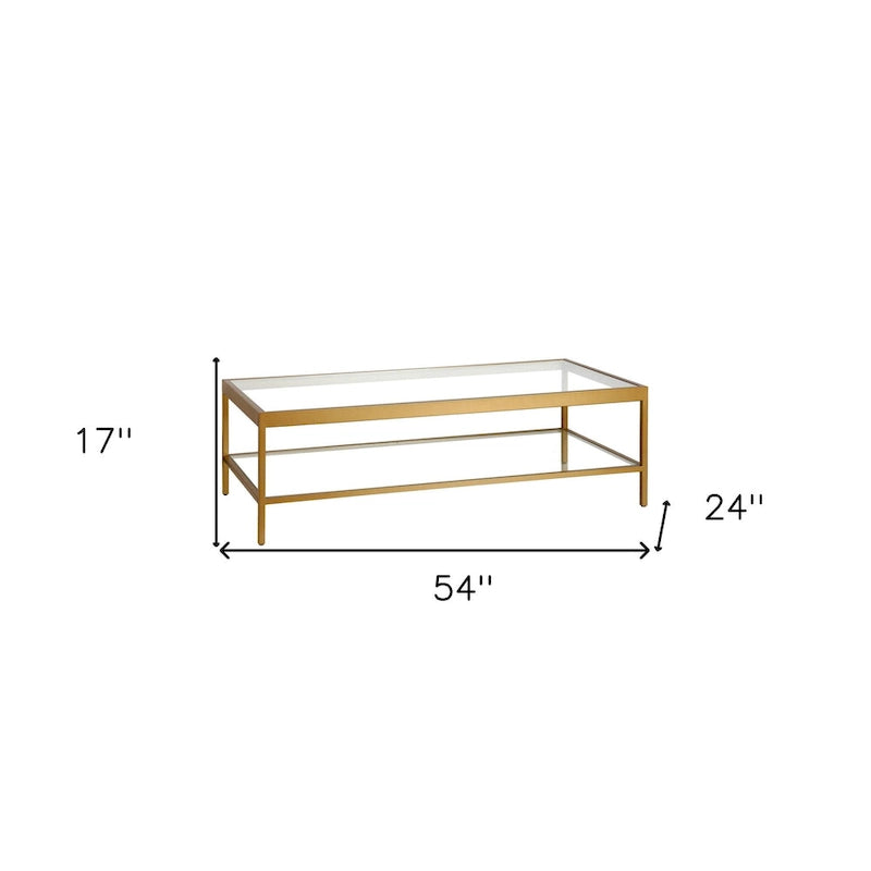 HomeRoots Clear And Gold Glass And Steel Coffee Table With Shelf - 54 X 17 X 24