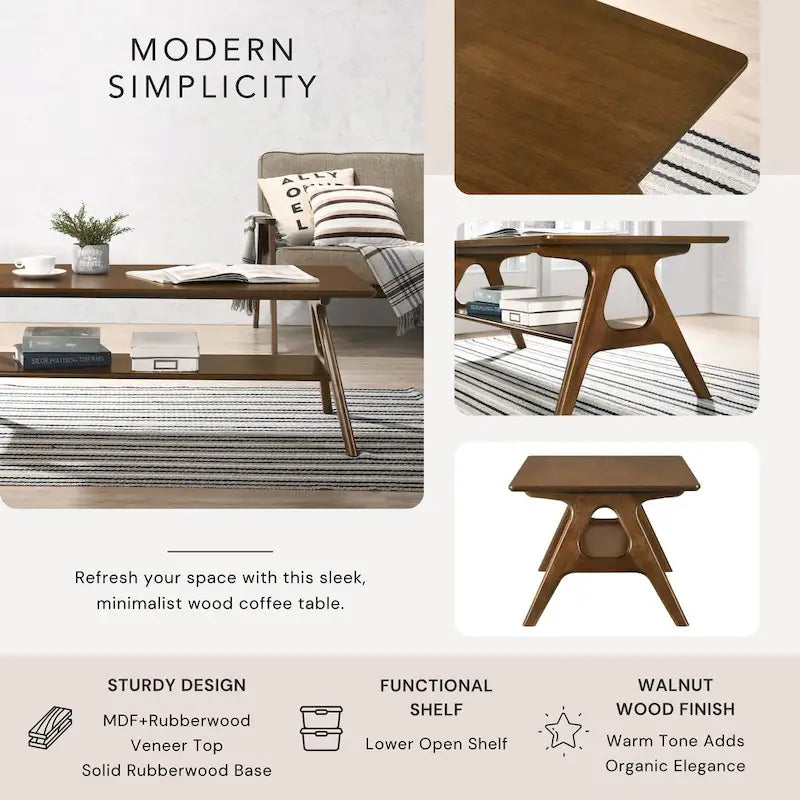 Arona Mid-Century Modern Wood 3-Piece Coffee Table Set