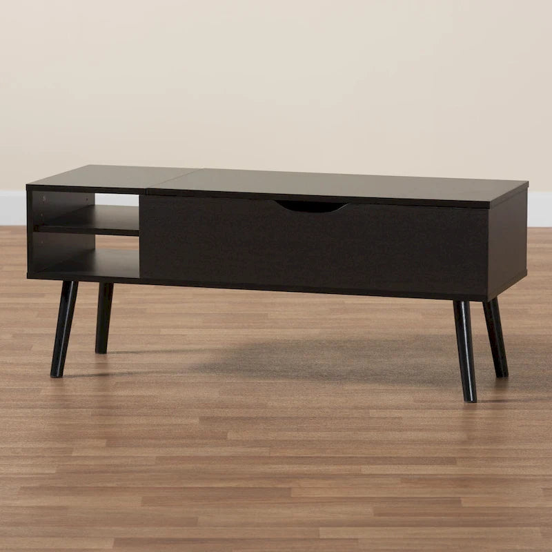 Roden Modern Two-Tone Black and Espresso Brown Finished Wood Coffee Table with Lift-Top Storage Compartment
