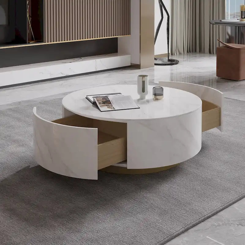 Modern Round Drum Coffee Table, Trapezoid White Marble Coffee Table For Living Room