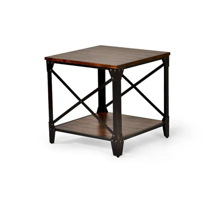 Brown Distressed Wood & Iron Square End Table - 24 - Rustic Industrial