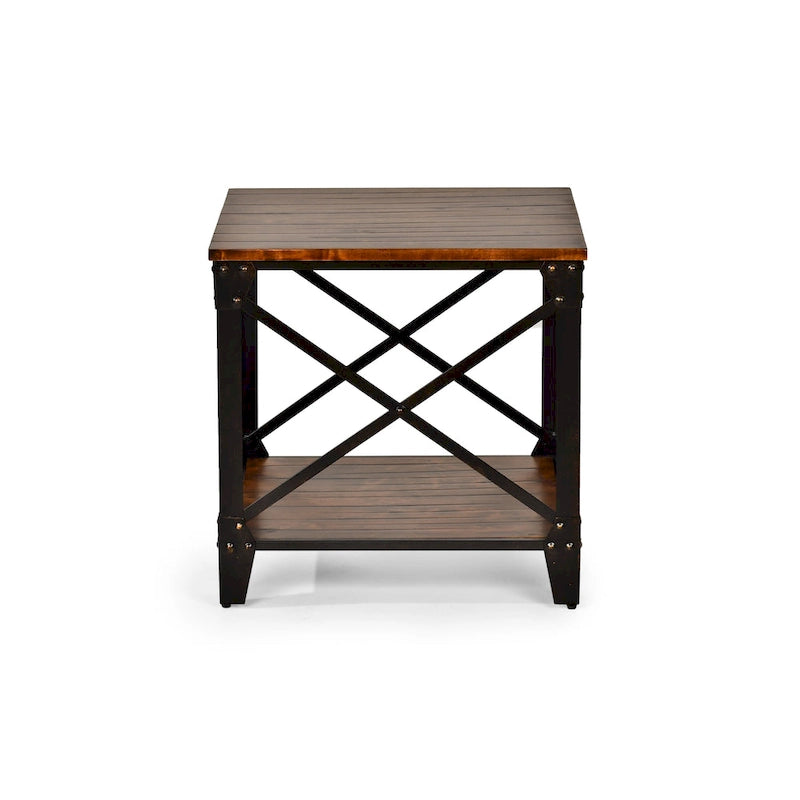 Brown Distressed Wood & Iron Square End Table - 24 - Rustic Industrial