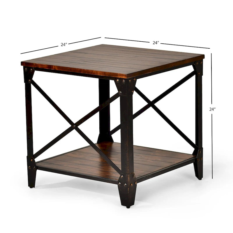 Brown Distressed Wood & Iron Square End Table - 24 - Rustic Industrial