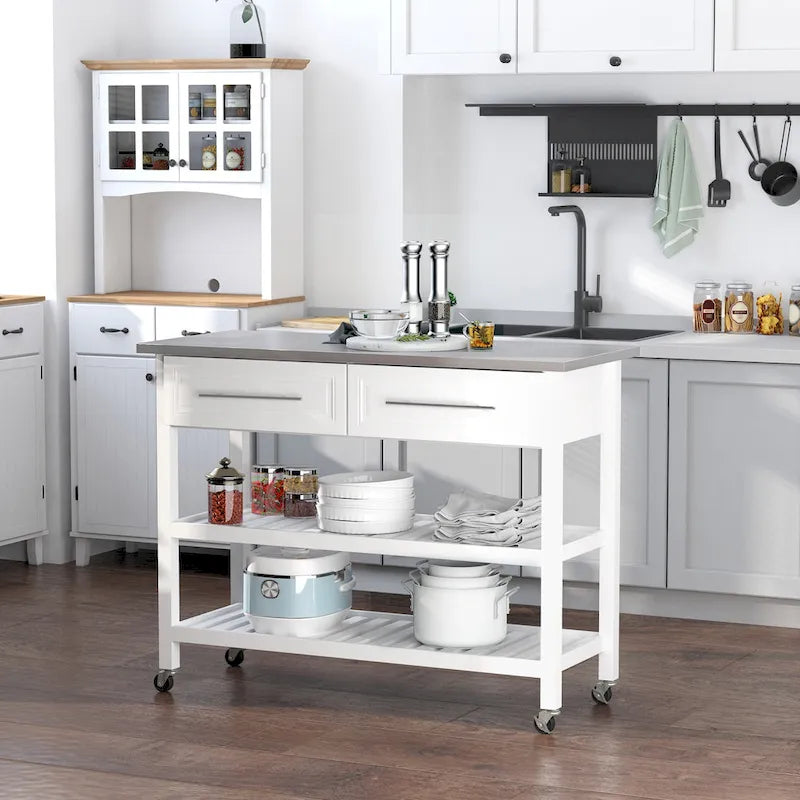  Stainless Steel Top Kitchen Island Rolling Utility Cart with Drawers & Shelves - White