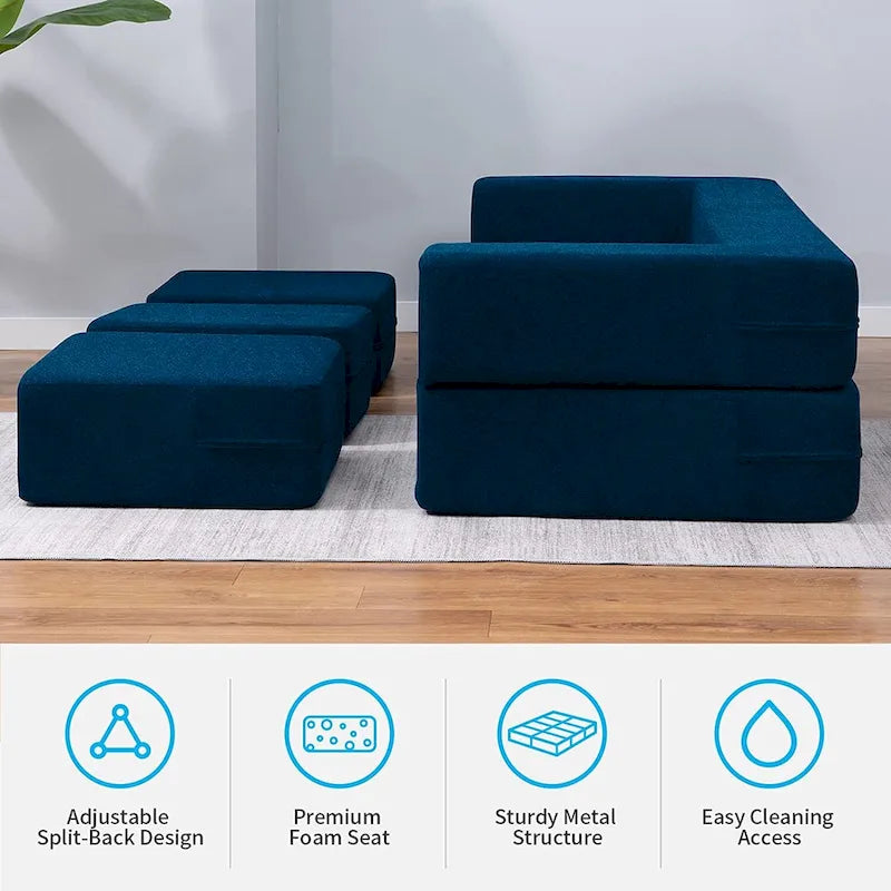 Mixoy Queen Convertible Velvet Futon Sofa Bed with 3 Ottomans,Memory Foam,Foldable Mattress Floor Couch Sofa