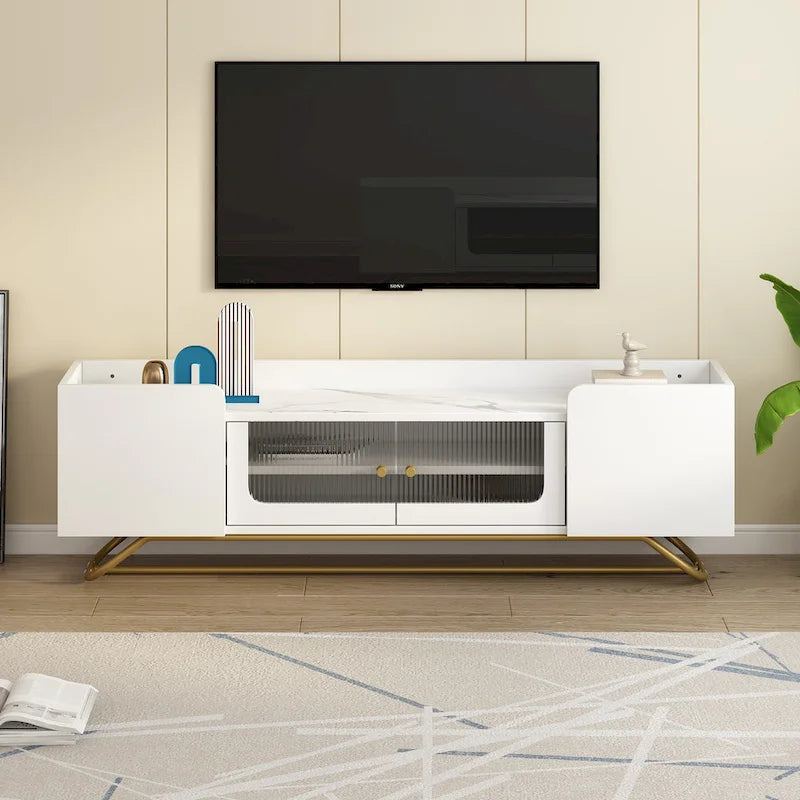 TV Stand with Fluted Glass, Entertainment Center for TVs Up to 70, Faux Marble Top TV Console Table with Gold Frame Base