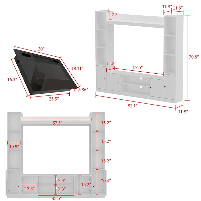 Entertainment Center with Electric Fireplace - 81W - White or Black