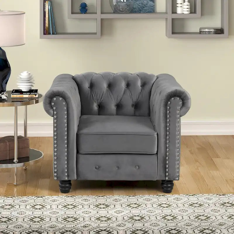 Classic Tufted Velvet Upholstered Chesterfield Club Chair Loveseat Sofa 3 Pieces with Nailhead for Living Room by Morden Fort