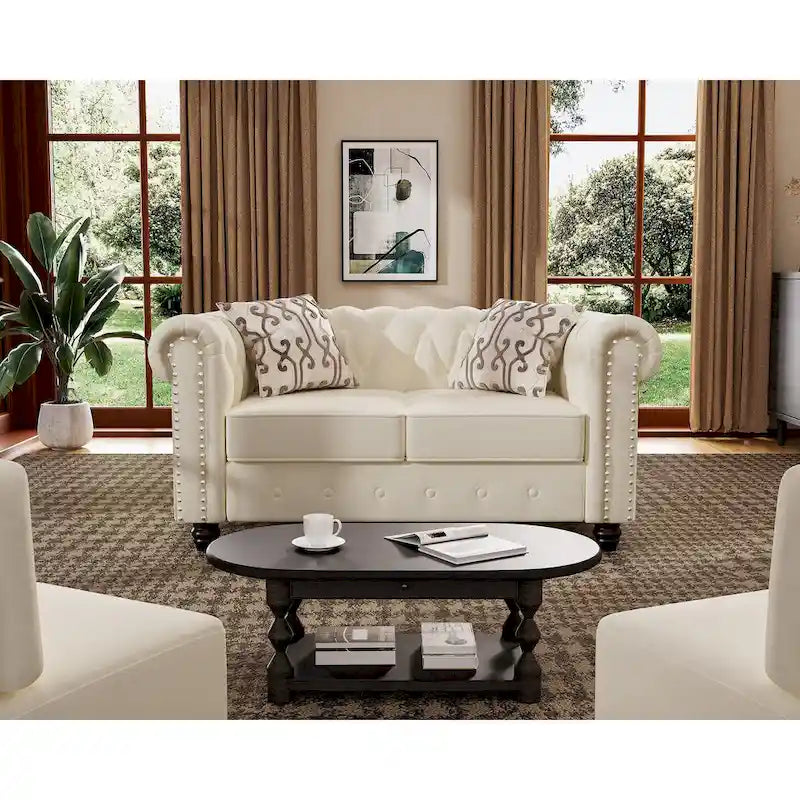 Classic Tufted Velvet Upholstered Chesterfield Club Chair Loveseat Sofa 3 Pieces with Nailhead for Living Room by Morden Fort