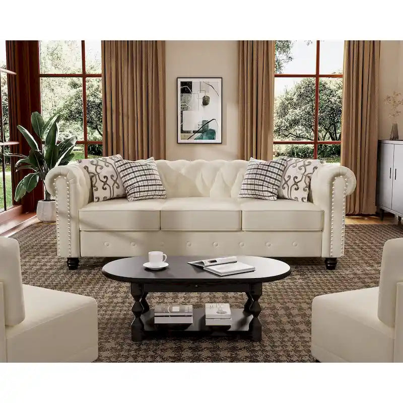Classic Tufted Velvet Upholstered Chesterfield Club Chair Loveseat Sofa 3 Pieces with Nailhead for Living Room by Morden Fort