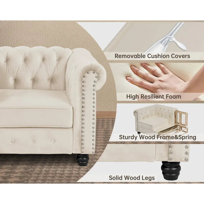 Classic Tufted Velvet Upholstered Chesterfield Club Chair Loveseat Sofa 3 Pieces with Nailhead for Living Room by Morden Fort