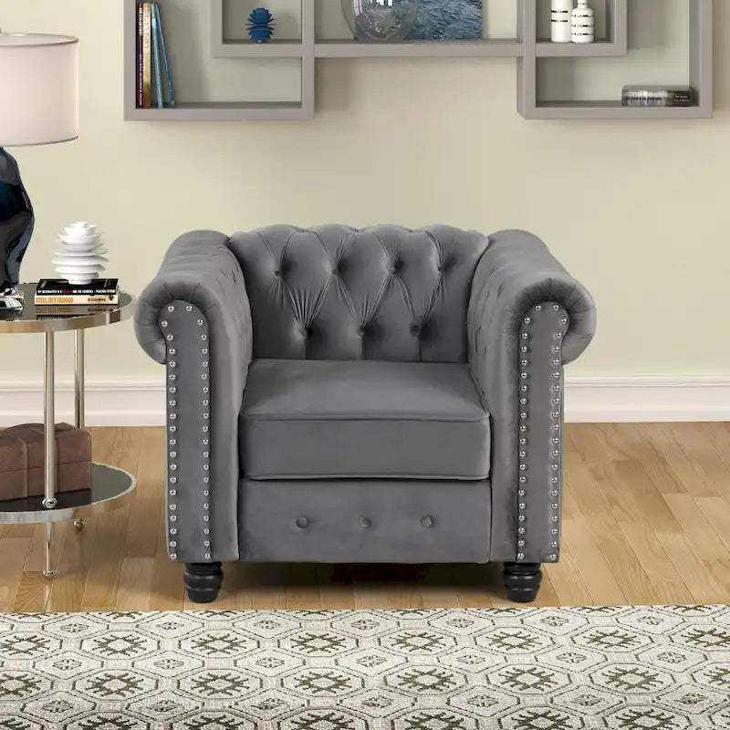 Classic Tufted Velvet Upholstered Chesterfield Club Chair Loveseat Sofa 3 Pieces with Nailhead for Living Room by Morden Fort
