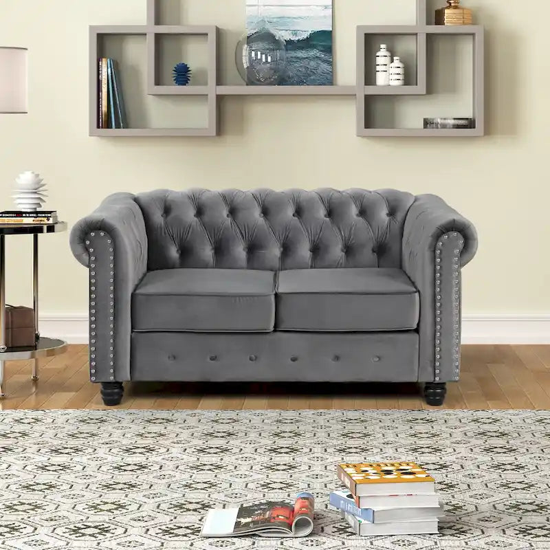 Classic Tufted Velvet Upholstered Chesterfield Club Chair Loveseat Sofa 3 Pieces with Nailhead for Living Room by Morden Fort