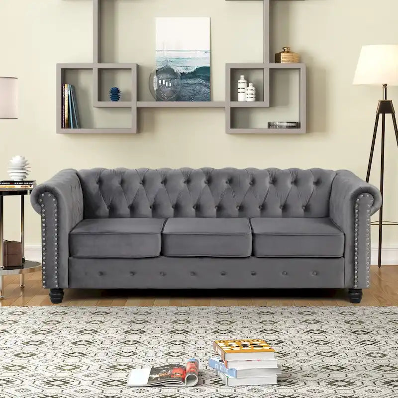 Classic Tufted Velvet Upholstered Chesterfield Club Chair Loveseat Sofa 3 Pieces with Nailhead for Living Room by Morden Fort