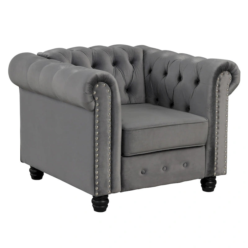 Classic Tufted Velvet Upholstered Chesterfield Club Chair Loveseat Sofa 3 Pieces with Nailhead for Living Room by Morden Fort