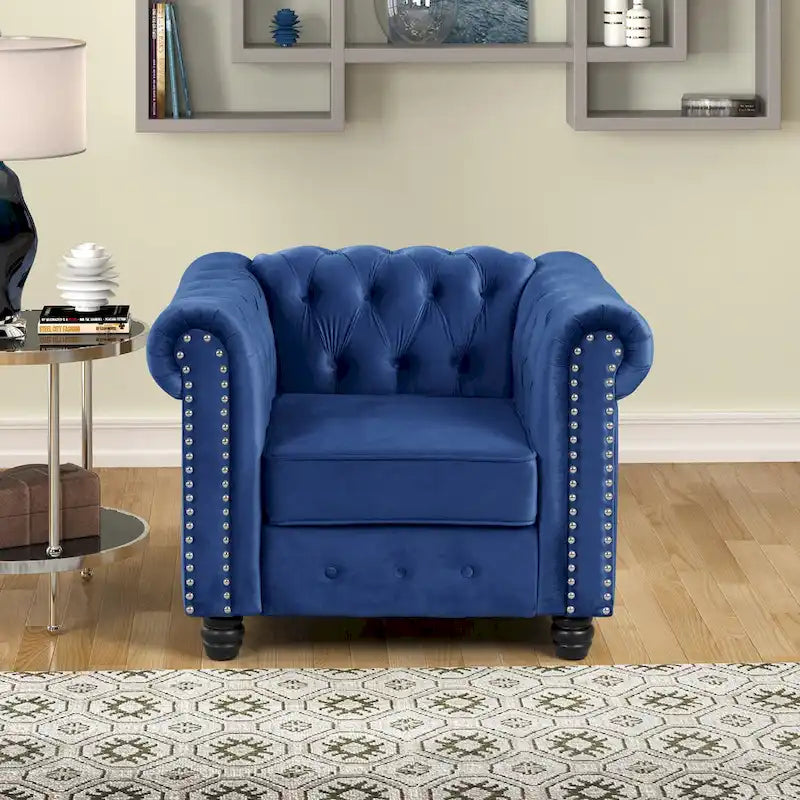 Classic Tufted Velvet Upholstered Chesterfield Club Chair Loveseat Sofa 3 Pieces with Nailhead for Living Room by Morden Fort
