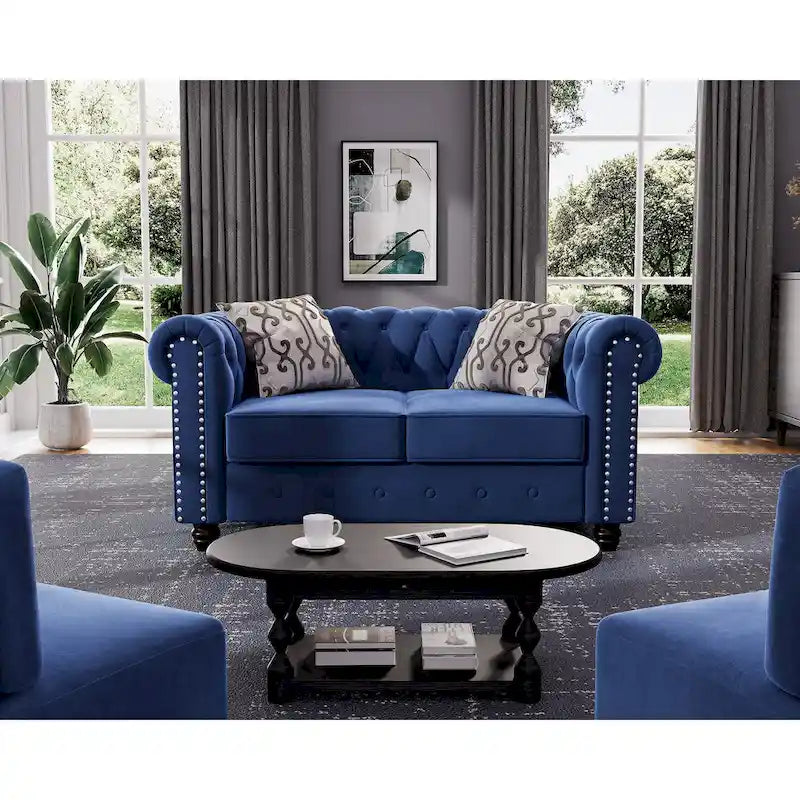 Classic Tufted Velvet Upholstered Chesterfield Club Chair Loveseat Sofa 3 Pieces with Nailhead for Living Room by Morden Fort