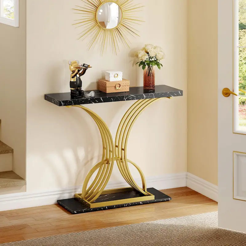 Moasis 39 Faux Marble Console Sofa Table Geometric Gold Base for Entryway