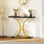Moasis 39 Faux Marble Console Sofa Table Geometric Gold Base for Entryway