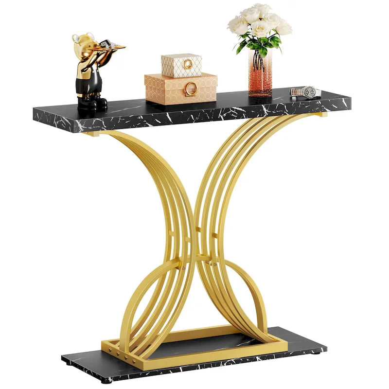 Moasis 39 Faux Marble Console Sofa Table Geometric Gold Base for Entryway