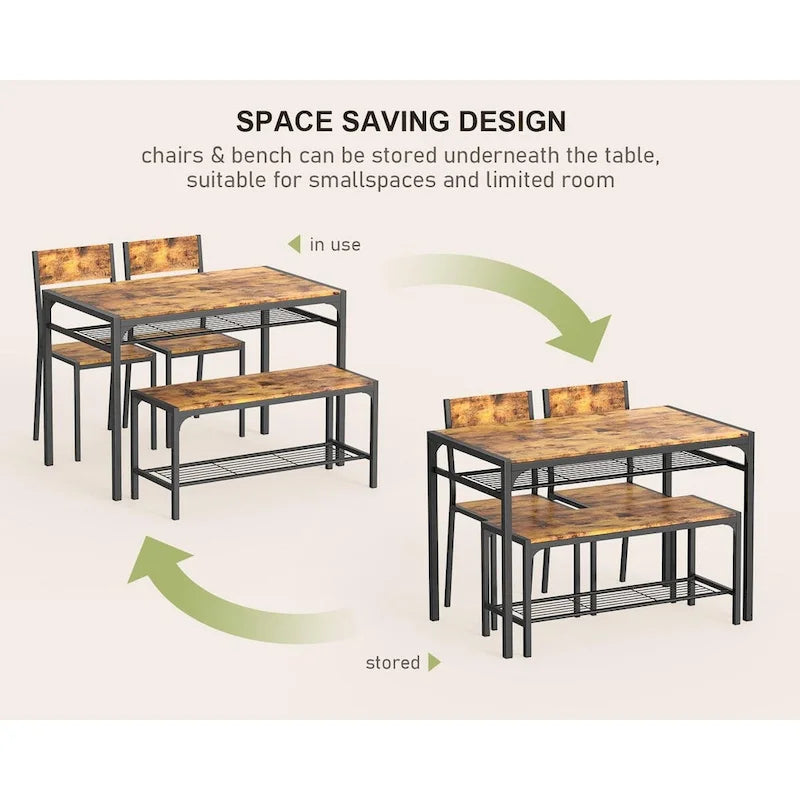 4 Piece Kitchen Dining Table with 2 Chair and Bench for Small Space