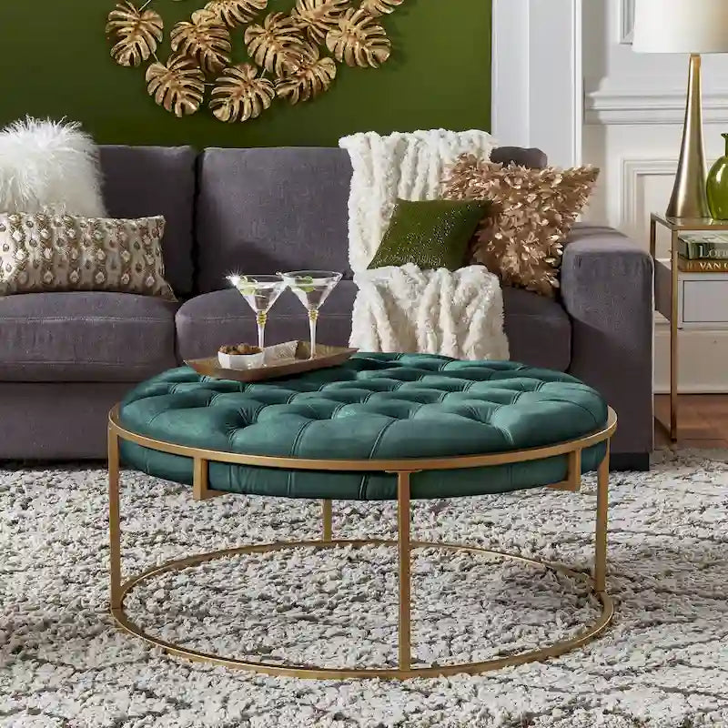 Perdita Gold Finish Velvet Round Tufted Ottoman by  Bold