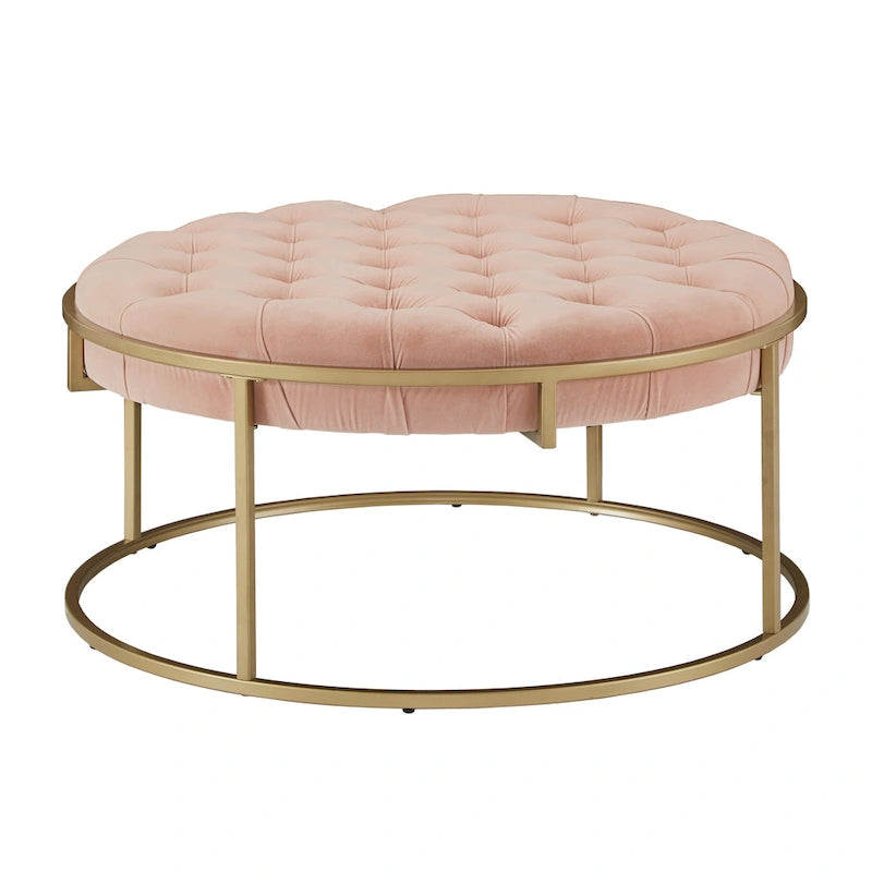 Perdita Gold Finish Velvet Round Tufted Ottoman by  Bold