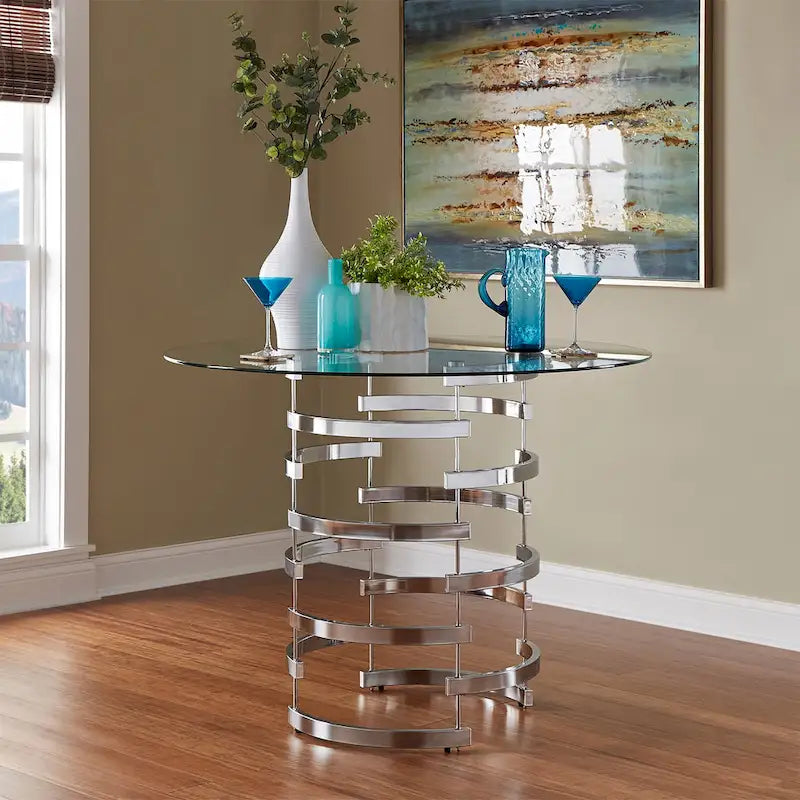 Nova Round Glass Top Vortex Iron Base Counter Height Table by  Bold