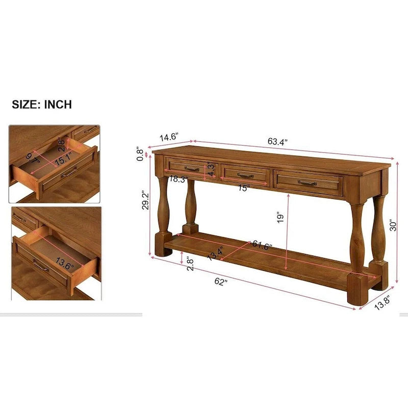 63.38 Long Sofa Console Table with 3 Drawers for Entryway Behind Couch Hall Foyer