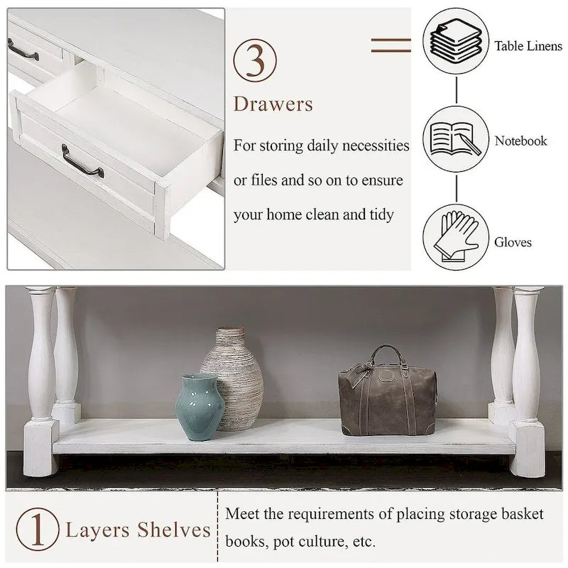 63.38 Long Sofa Console Table with 3 Drawers for Entryway Behind Couch Hall Foyer