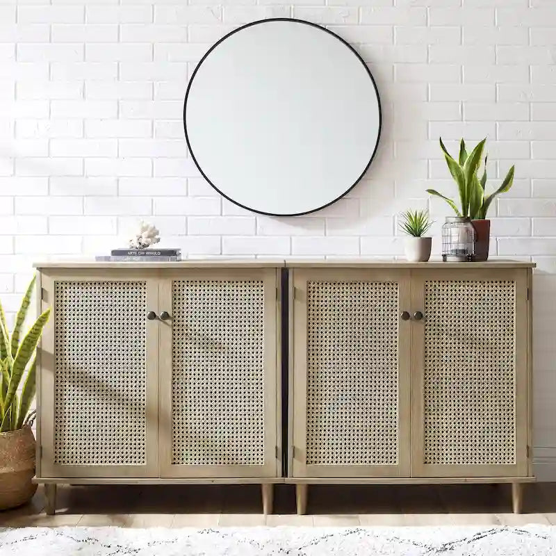 Rattan Wicker Accent Cabinet - 2 Doors - Wood Grain - Adjustable Shelf