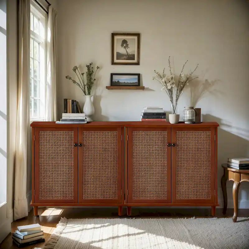 Rattan Wicker Accent Cabinet - 2 Doors - Wood Grain - Adjustable Shelf