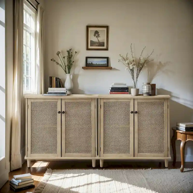 Rattan Wicker Accent Cabinet - 2 Doors - Wood Grain - Adjustable Shelf
