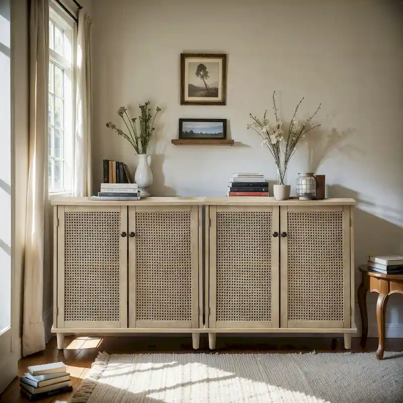 Rattan Wicker Accent Cabinet - 2 Doors - Wood Grain - Adjustable Shelf