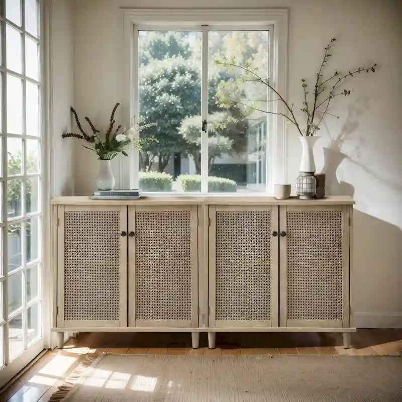 Rattan Wicker Accent Cabinet - 2 Doors - Wood Grain - Adjustable Shelf