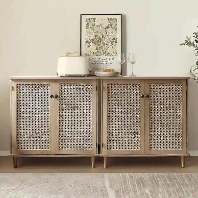 Rattan Wicker Accent Cabinet - 2 Doors - Wood Grain - Adjustable Shelf