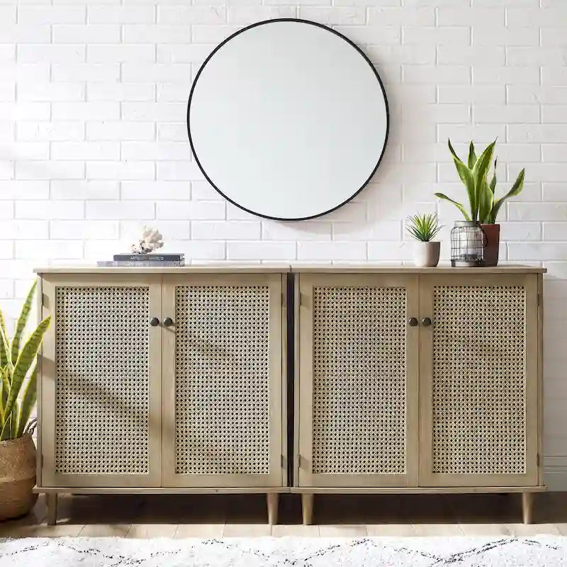 Rattan Wicker Accent Cabinet - 2 Doors - Wood Grain - Adjustable Shelf