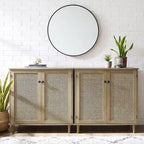 Rattan Wicker Accent Cabinet - 2 Doors - Wood Grain - Adjustable Shelf