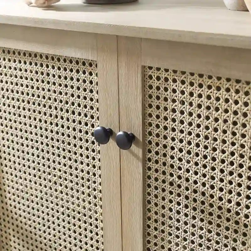 Rattan Wicker Accent Cabinet - 2 Doors - Wood Grain - Adjustable Shelf
