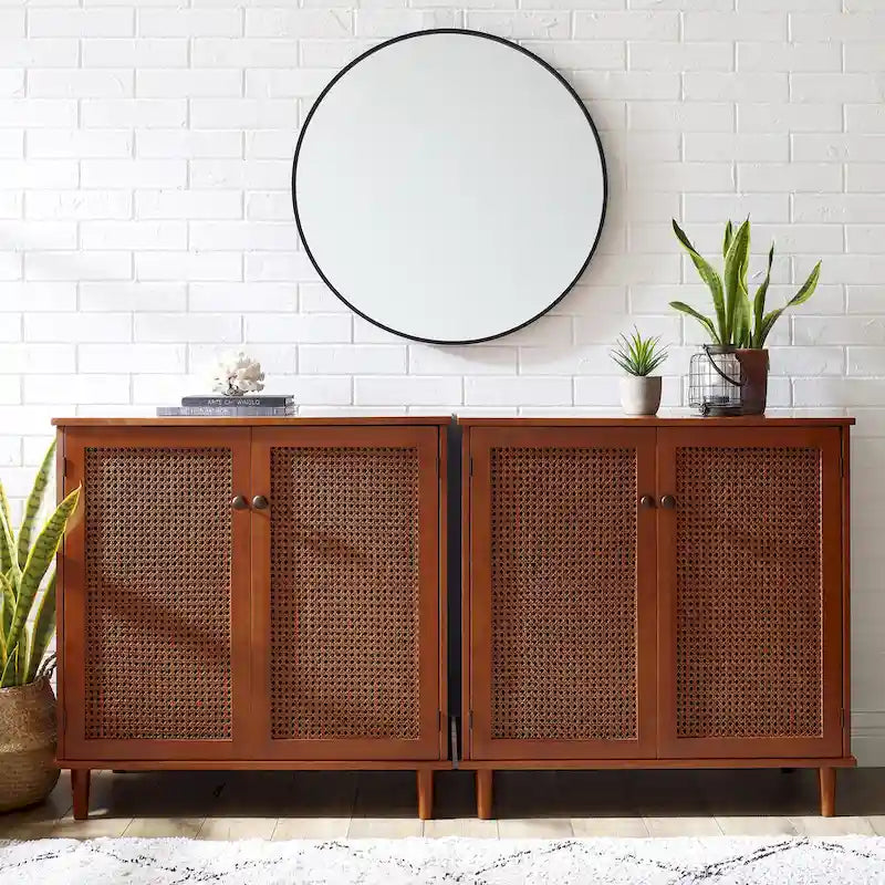 Rattan Wicker Accent Cabinet - 2 Doors - Wood Grain - Adjustable Shelf