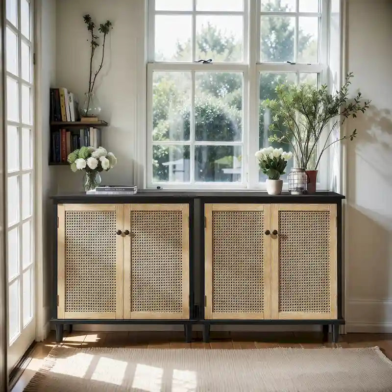 Rattan Wicker Accent Cabinet - 2 Doors - Wood Grain - Adjustable Shelf